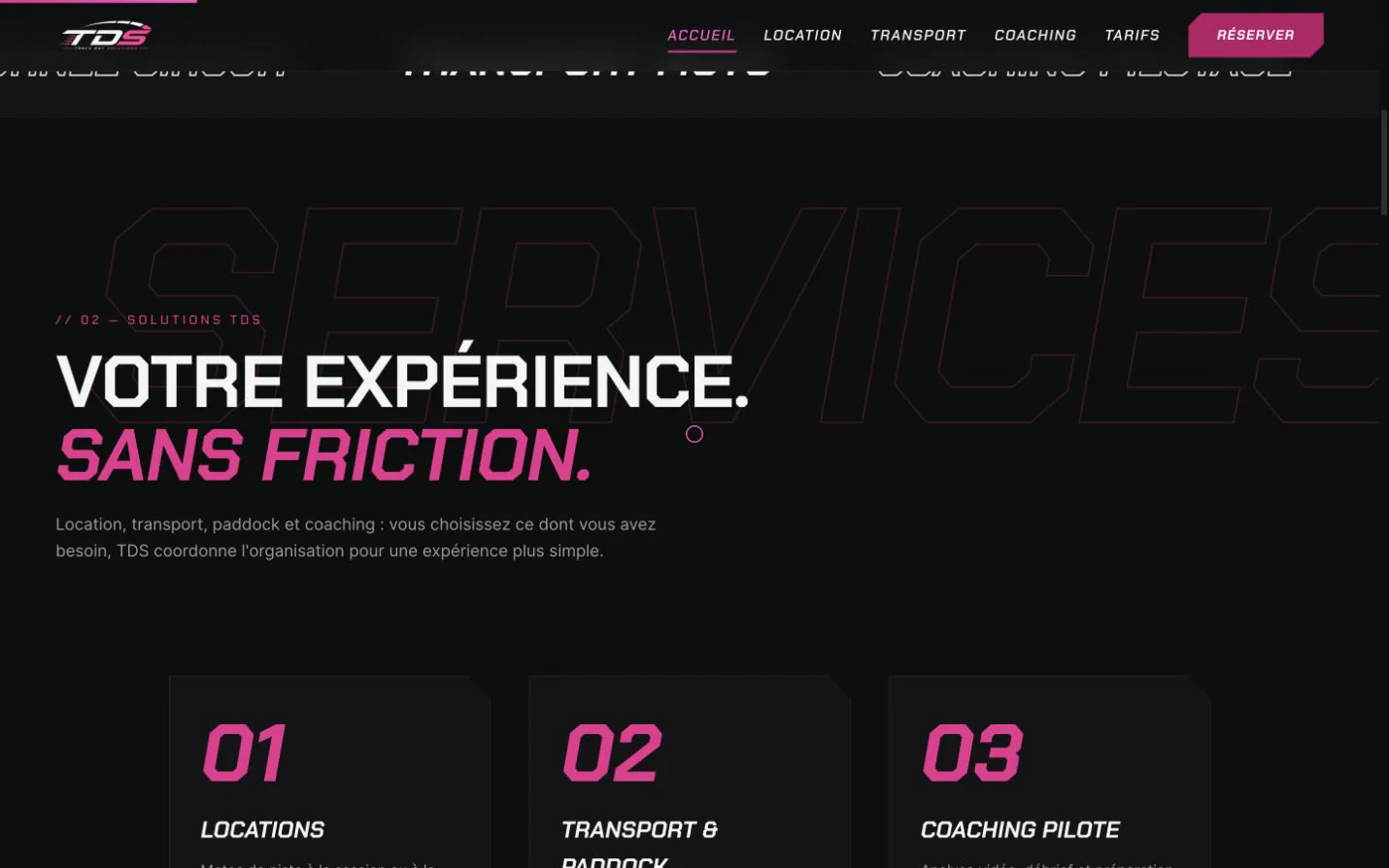 Section de Track Day Solutions présentant les services et l’univers circuit
